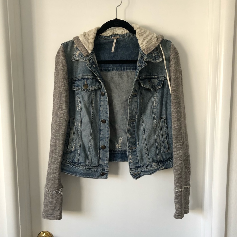 Free People Knit Denim Hooded Jacket
